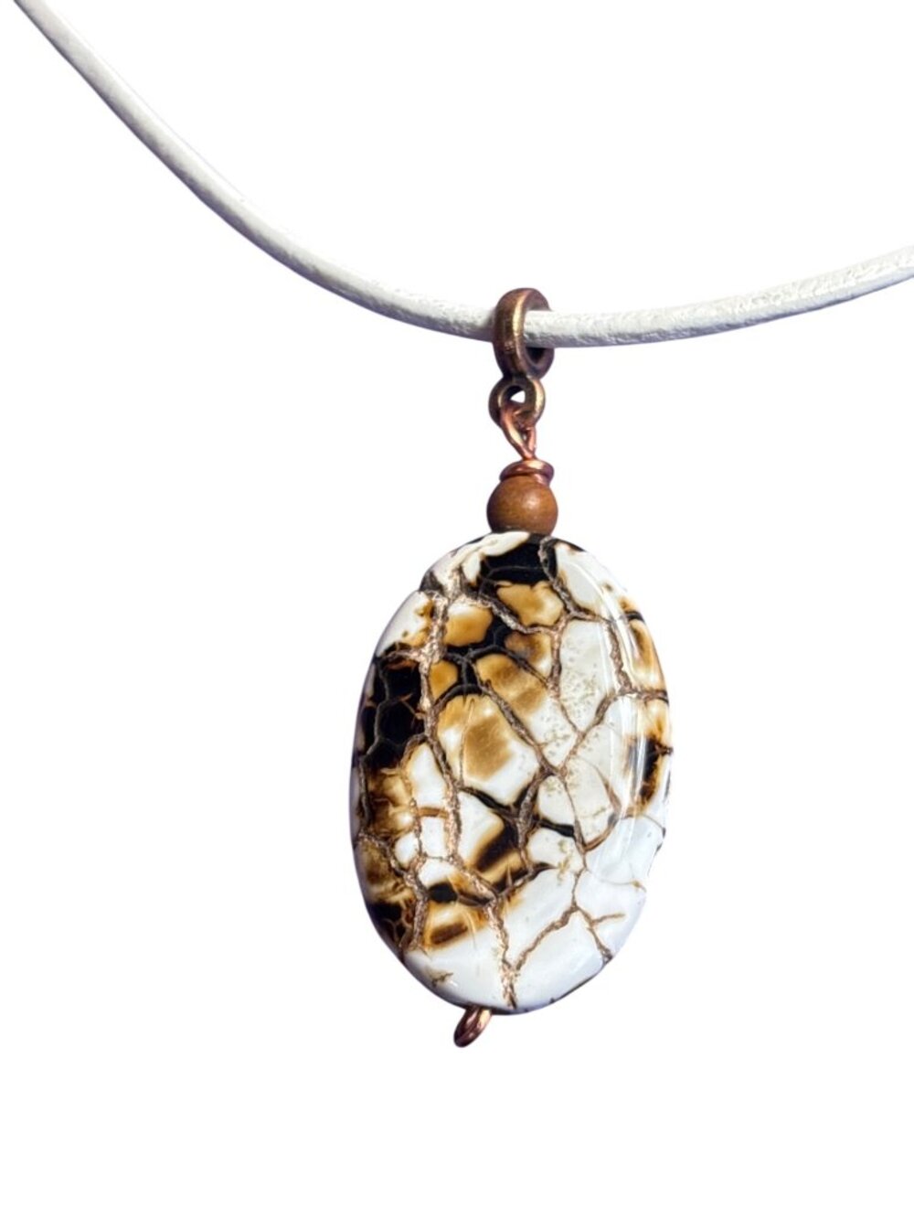 Oval Fire Crackle Agate Stone Pendant Necklace White Cord Copper Lobster Clasp